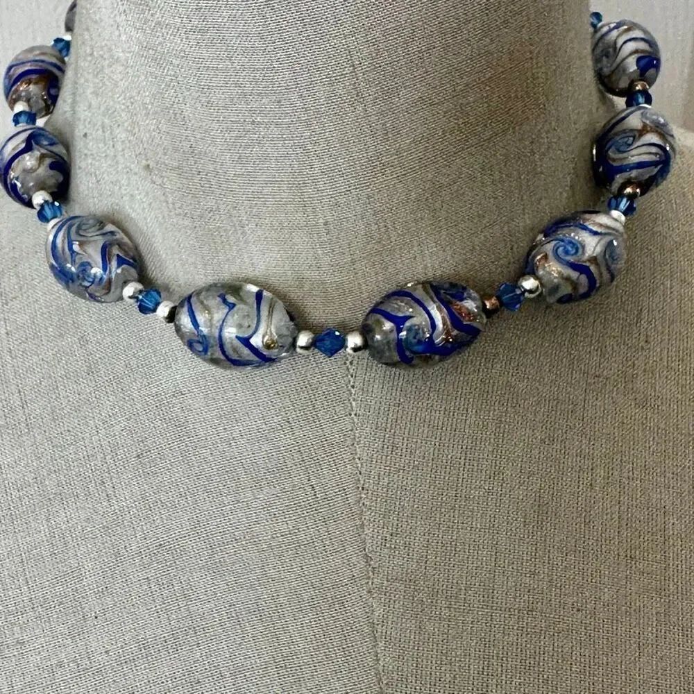 Sterling Silver Lampwork Glass Necklace – Blue & Silver Swirl Beads